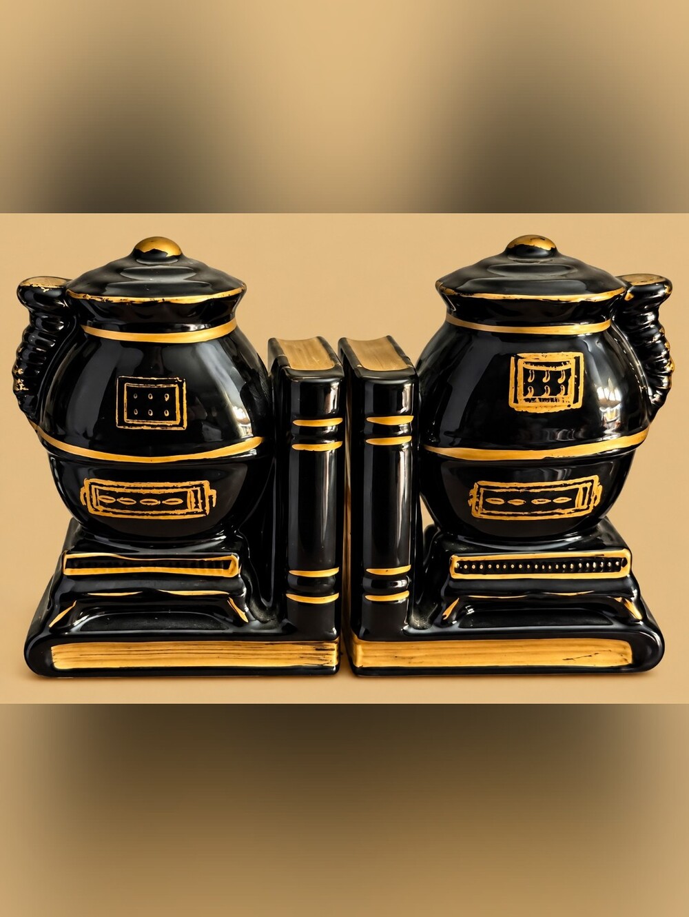 Vintage 1950s Pot Belly Stove Bookends Black Gold Ceramic Made in Japan Pair